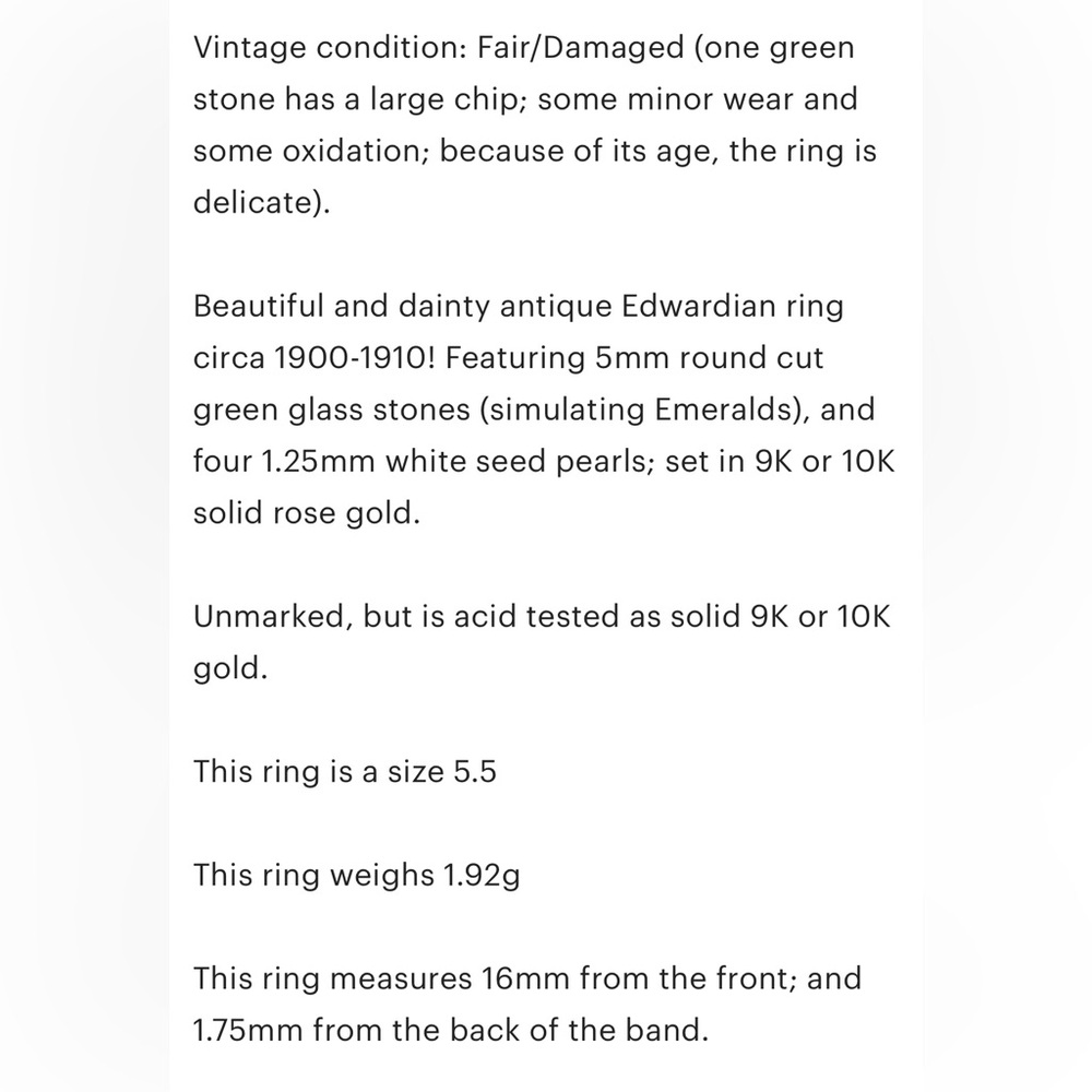 Antique Edwardian 10K Green Ring, Size 5.5, Rose Gold, Navette - Picture 8 of 17